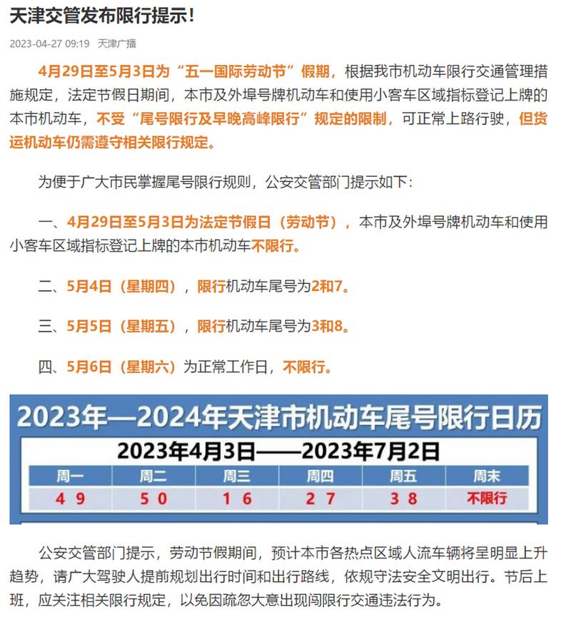 【天津五一限号，天津五一限号外地车怎么限】-第4张图片